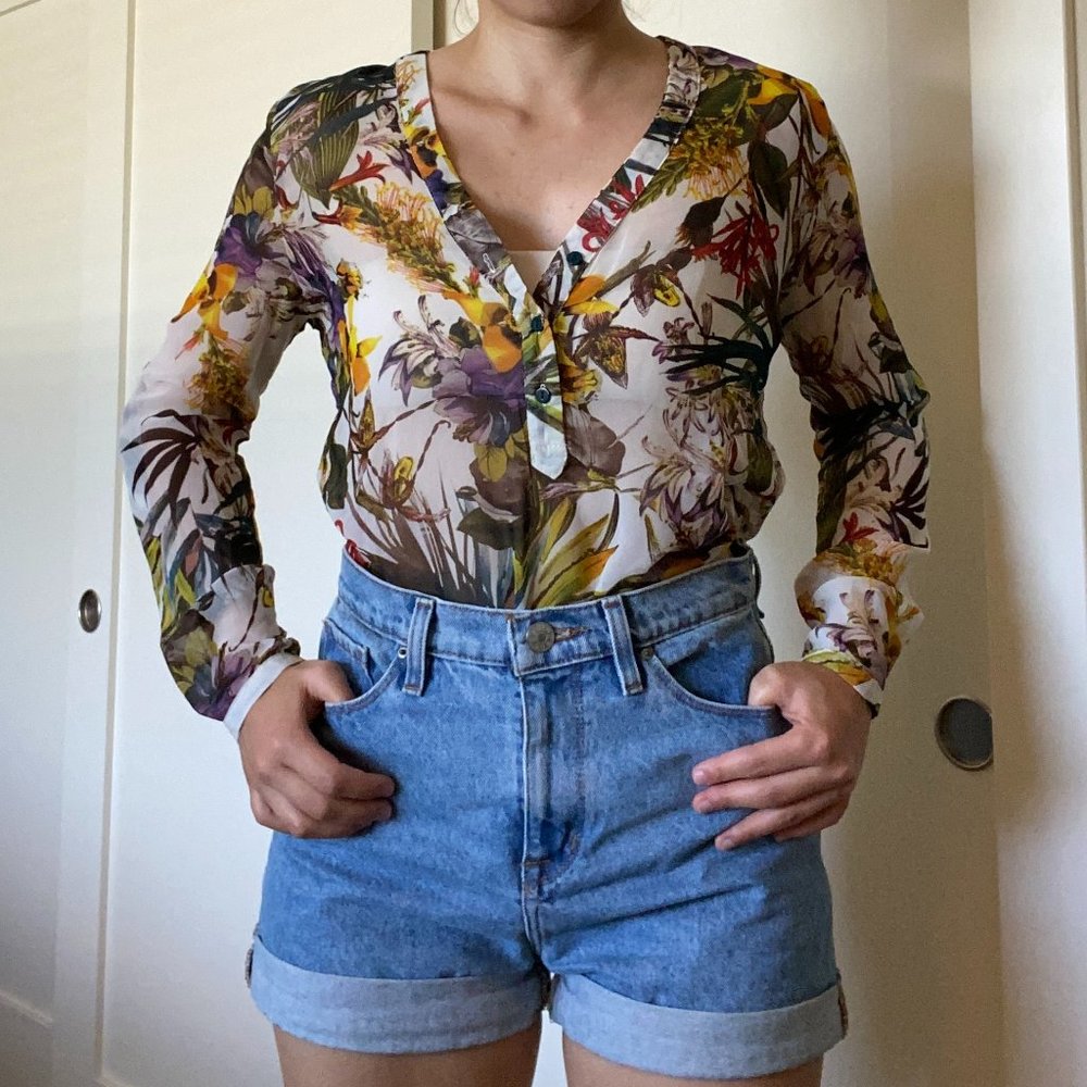 Zara sheer tropical floral long-sleeve blouse